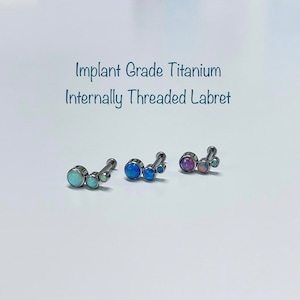 16g Descending Bezel Set 3 Opal Curved Implant Grade Titanium Internally Threaded Monroe Labret, Opal Helix Cartilage Tragus