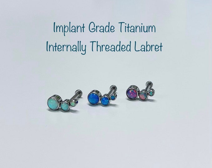 16g Descending Bezel Set 3 Opal Curved Implant Grade Titanium Internally Threaded Monroe Labret, Opal Helix Cartilage Tragus