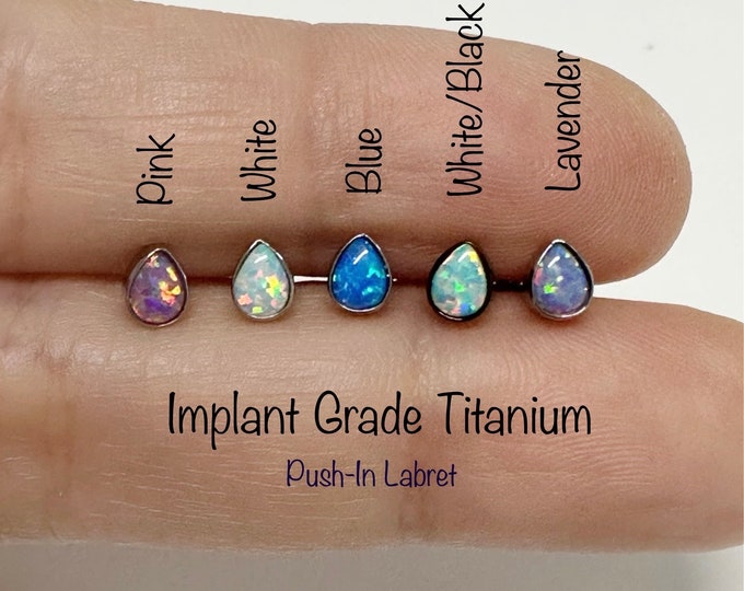 20g 18g 16g Bezel Set OPAL Teardrop Push In Implant Grade Titanium Labret, Dainty Teardrop CZ ASTM F-136 Titanium nickel free