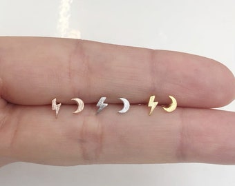 Mismatched Teeny Tiny lightning bolt and crescent stud earrings, lightning bolt and crescent pair stud earrings, minimalist stud earrings