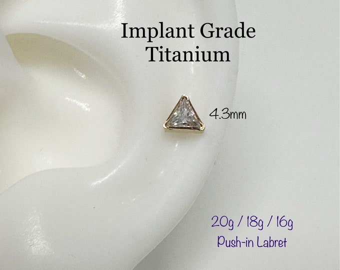 20g 18g 16g Triangle CZ Push In Bezel Setting Titanium Labret, Grade23 Implant Grade Titanium