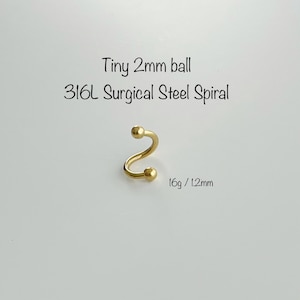16 g - Boule de 2,5 mm en acier chirurgical 316L Spirale de piercing (une pièce), Or 6 mm 8 mm 10 mm Cartilage, Sourcil, Tour, Hélice, Piercing tour