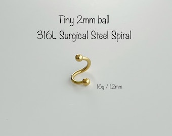 16g - 2.5mm gold ball 316L Surgical Steel Spiral piercing (Single), Gold 6mm 8mm 10mm Cartilage, Eyebrow, Rook, Helix, Rook piercing