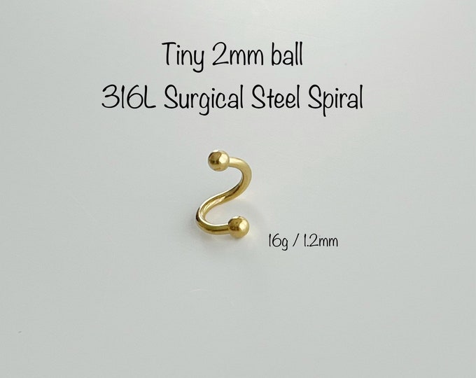 16g - 2.5mm gold ball 316L Surgical Steel Spiral piercing (Single), Gold 6mm 8mm 10mm Cartilage, Eyebrow, Rook, Helix, Rook piercing