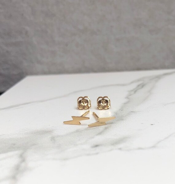 Tiny Lightning Bolt 14k Solid Gold Stud Earrings(pair