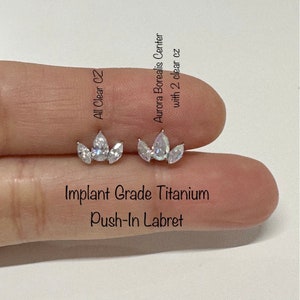 20g 18g 16g Crown CZ Push In Titanium Labret, Pear CZ Between 2 Marquise CZ Top Implant Grade Titanium Nickel Free Hypoallergenic