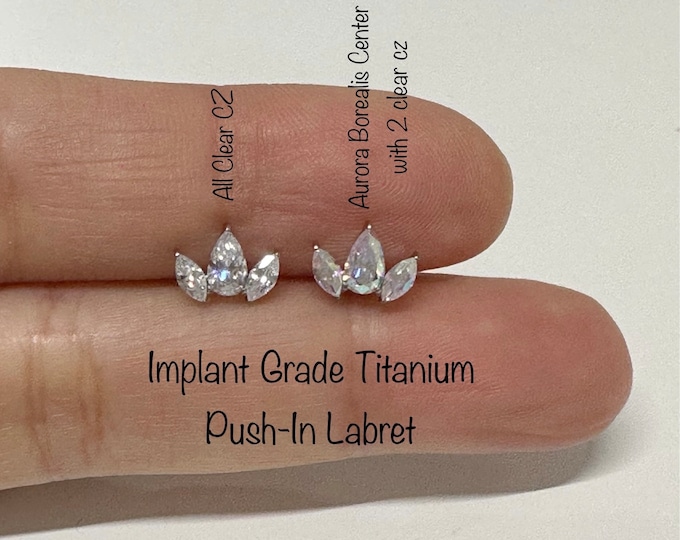 20g 18g 16g Crown CZ Push In Titanium Labret, Pear CZ Between 2 Marquise CZ Top Implant Grade Titanium Nickel Free Hypoallergenic