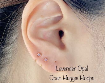 Tiny Lavender Opal Open Hoop Earring: 14k Gold Plated Sterling Silver