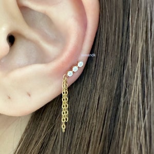 16g Three CZ Bar with Double Chain Dangle Internally Threaded Labret for Cartilage, Tragus, Helix, Titanium 6AL-4V-ELI-ASTM-F136