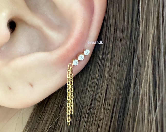 16g Three CZ Bar with Double Chain Dangle Internally Threaded Labret for Cartilage, Tragus, Helix, Titanium 6AL-4V-ELI-ASTM-F136