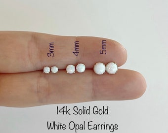 14k Solid Gold White/Blue Opal Stud Earrings(Pair), Dainty minimalist white opal earrings