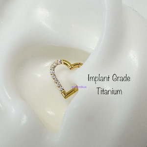 16g Heart with CZ/Opal Titanium Seamless Hinged Clicker, Grade 23 Titanium Segment Ring, Cartilage, Daith, Nickel Free