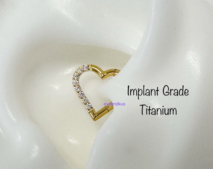 16g Heart with CZ/Opal Titanium Seamless Hinged Clicker, Grade 23 Titanium Segment Ring, Cartilage, Daith, Nickel Free