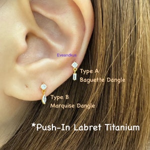 20g 18g 16g Dainty CZ Baguette/Marquise Dangle Push-In cartilage helix tragus piercing - ASTM F136 Titanium push in flat back labret