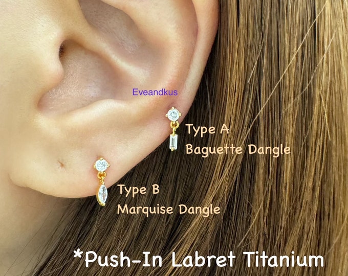 20g 18g 16g Dainty CZ Baguette/Marquise Dangle Push-In cartilage helix tragus piercing - ASTM F136 Titanium push in flat back labret
