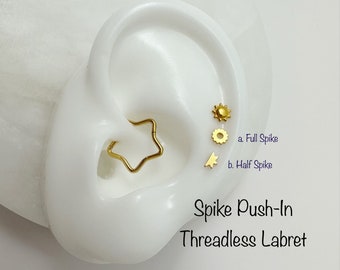 20g 18g 16g Spike Push In Labret, Circle Spike, Half Spike, Cartilage, Helix, Tragus threadless push-in Labret