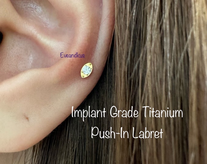 20g 18g 16g Tiny CZ in Oval Shaped Push-In Threadless Titanium Labret, Implant Grade Titanium Cartilage, Tragus, Helix