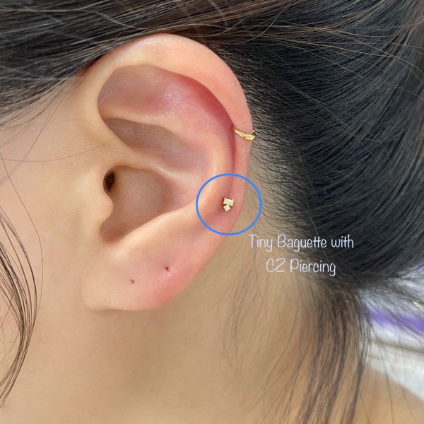 Tiny Baguette with CZ Piercing (Single), Minimalist 925 Sterling Silver piercing, Cartilage, Helix, Mid Helix, Upper Lobe