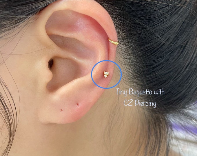 Tiny Baguette with CZ Piercing (Single), Minimalist 925 Sterling Silver piercing, Cartilage, Helix, Mid Helix, Upper Lobe