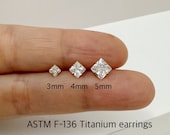 Square CZ Titanium Stud Earrings, 3mm 4mm 5mm Prog Setting