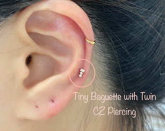 Tiny Baguette With Twin CZ Piercing (single), 925 Sterling
