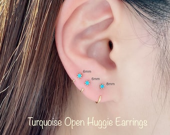 Turquoise Huggie Hoop Earring: 14k Gold Sterling Silver, 2mm Stone