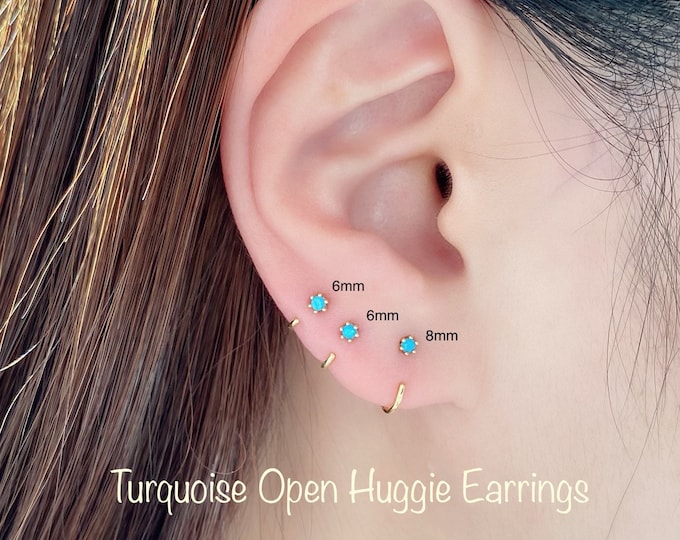 Turquoise Open Huggie Hoop Earring (SINGLE or PAIR) 2mm Turquoise 14k Gold/14k Rosegold/Rhodium PLT over Sterling Silver Nickel Free
