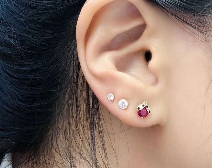 Ladybug Earrings, 14K Solid Gold Ladybug Ruby CZ Stud Earrings(PAIR), Ruby stud earrings, Minimalist earrings