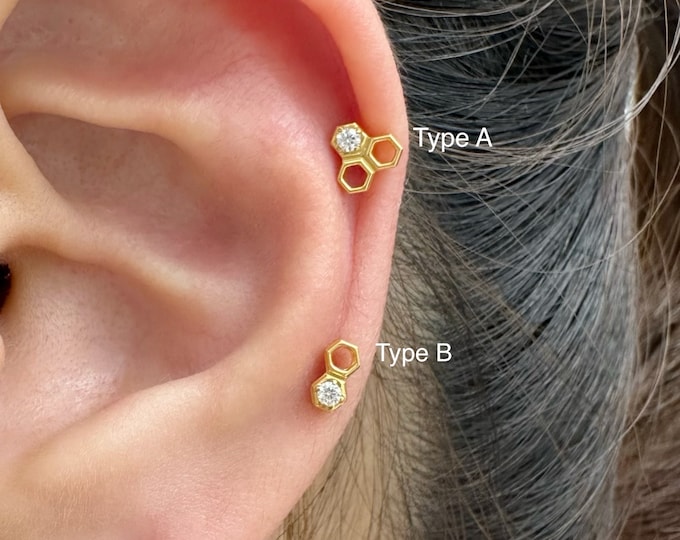 20g 18g 16g Honeycomb Push In Threadless Titanium Labret, Implant Grade Titanium for Tragus, Conch, Cartilage, Helix piercing