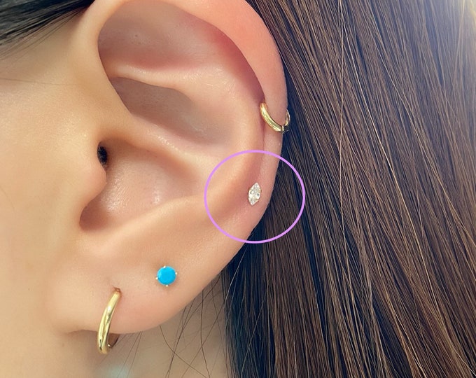 18g 16g CZ Oval Shape Piercing Internally Threaded Labret Studs 316L Surgical Steel, Tiny Oval CZ Shape Piercing Cartilage Helix Nose Tragus