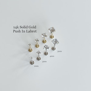 18g 16g 14k Solid Gold 2mm 3mm 4mm 5mm High Quality CZ Push In Prong Setting Labret Conch Nose Helix Cartilage Tragus