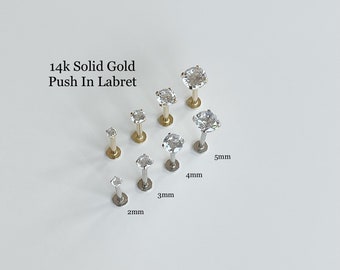 18g 16g 14k Solid Gold 2mm 3mm 4mm 5mm High Quality CZ Push In Prong Setting Labret Conch Nose Helix Cartilage Tragus