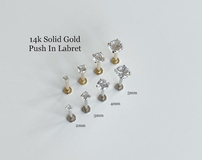 18g 16g 14k Solid Gold 2mm 3mm 4mm 5mm High Quality CZ Push In Prong Setting Labret Conch Nose Helix Cartilage Tragus