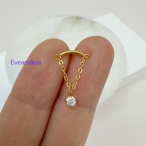 Geschwungener Stab mit CZ Dangle aus chirurgischem Stahl 316L Push-In, fadenlos, Labret, Helix, Knorpel, Flach