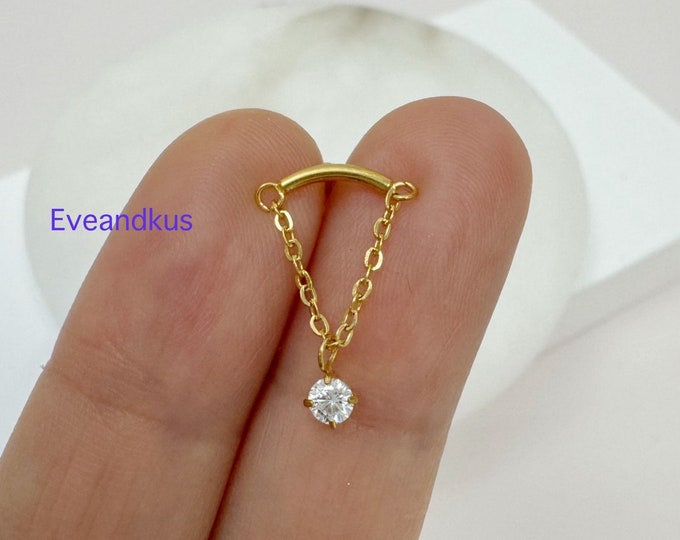 Curved Bar with CZ Dangle 316L Surgical Steel Push-In Threadless Labret, Helix, Cartilage, Flat piercing