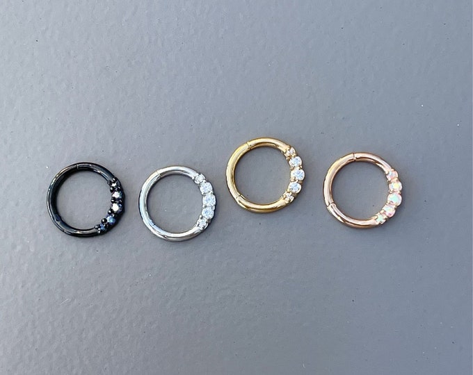 16g 8mm 10mm  All 316L Surgical Steel Hinged Segment with Forward Facing 5 CZ Ring, Daith, Septum hoop