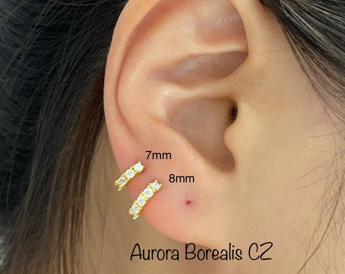 Aurora Borealis CZ hoop (Single or Pair), 14k Gold PLT over 925 Sterling Silver Huggie Hoops 7mm/8mm - Hypoallergenic/Nickel Free