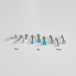 Tiny Opal Labret, 2mm/3mm Push In Prong Setting White/Blue/Purple Opal Labret, 16g 18g 20g Tragus Cartilage Helix Lip Nose Piercings