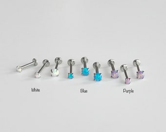 Tiny Opal Labret: Surgical Steel Push In Prong Piercing