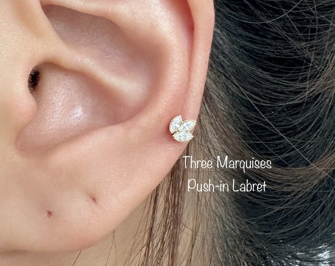 20g 18g 16g Three Marquise CZ/Opal Push In ASTM F136 Implant Grade Titanium Labret, Dainty Marquise Bezel Setting- Hypoallergenic
