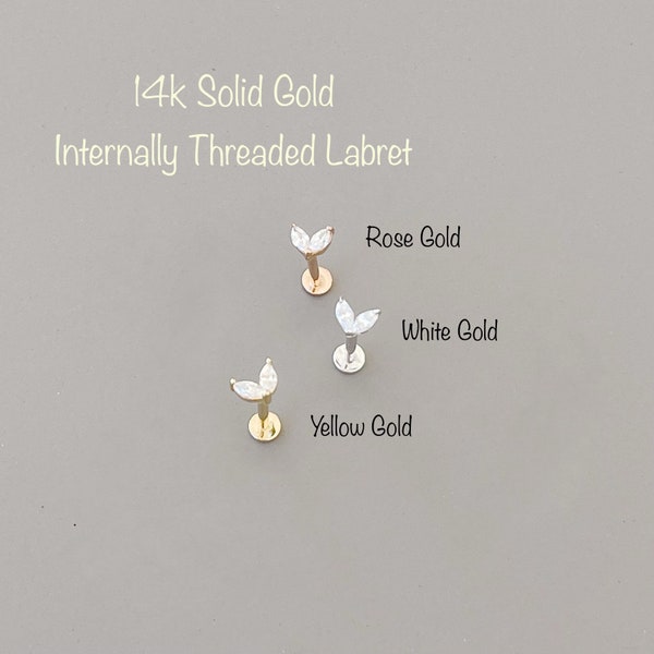 14k Solid Gold Heart Marquise CZ Labret Piercing, 14k Solid Gold Internally Threaded labret Cartilage, Tragus, Helix, Conch