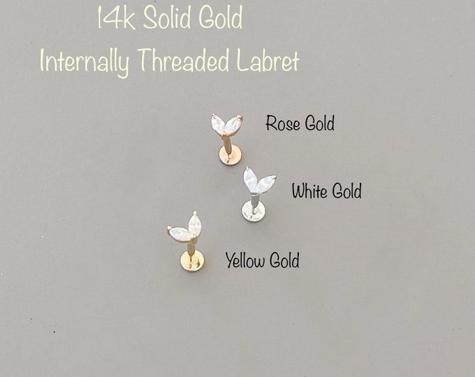 14k Solid Gold Heart Marquise CZ Labret Piercing, 14k Solid Gold Internally Threaded labret Cartilage, Tragus, Helix, Conch