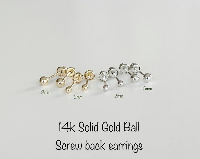 14k solid gold 2mm/3mm Ball SCREW BACK Stud Earrings (PAIR), Minimalist gold Earrings