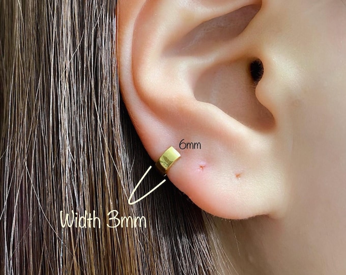 THICK Flat Huggie Hoop Earring (Single) Tiny Thick Gold Hoop, 925 Sterling Silver Hoop