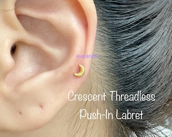 20g 18g 16g Crescent Threadless Push-In Labret, Dainty Celestial Piercing for Cartilage, Helix, Tragus Piercing