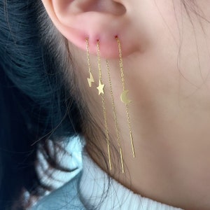 Sterling Silver Chain Threader Earring: Star, Crescent, Lightning Bolt