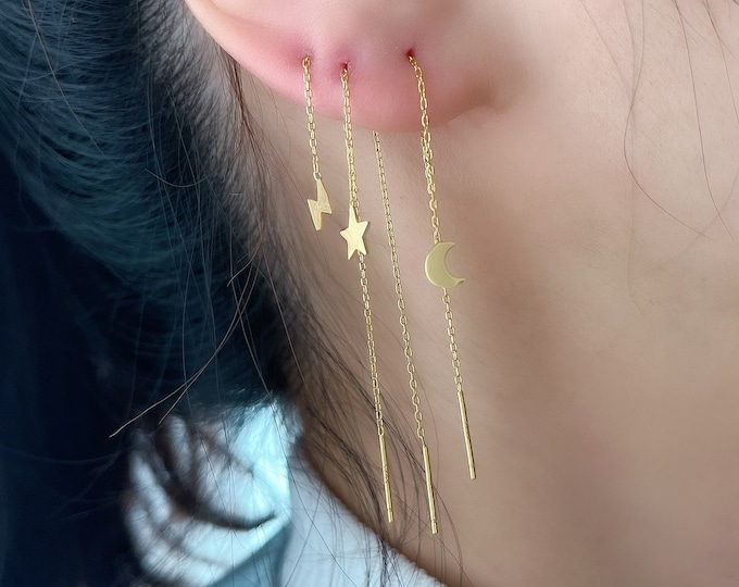Chain earring (Single or Pair), Star Chain Crescent Chain Lightning Bolt Chain 92.5 Sterling Silver Hypoallergenic Nickel Free