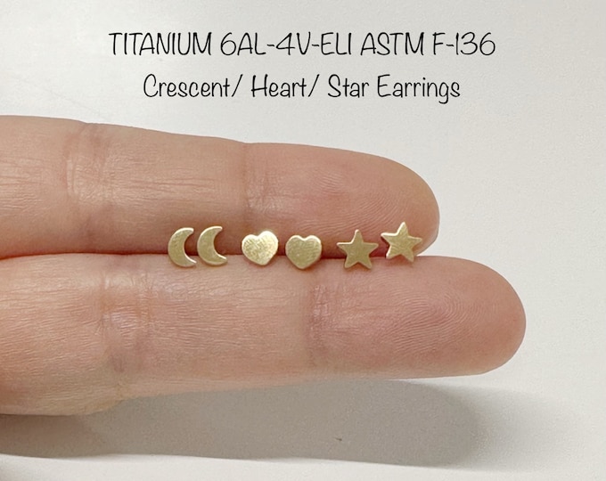Pair of Implant Grade Titanium Stud With Flat Crescent Moon, Heart and Star Shaped Earrings with butterfly backs