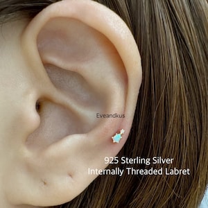 18g winziger Opal und CZ Labret mit Innengewinde, 925 Sterling Silber Teardrop Boho Opal Knorpel, Tragus, Helix Piercing