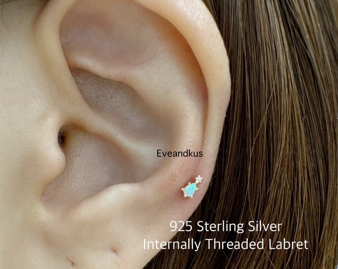 18g Tiny Opal and CZ Internally Threaded Labret, 925 Sterling Silver Teardrop Boho Opal Cartilage, Tragus, Helix piercing